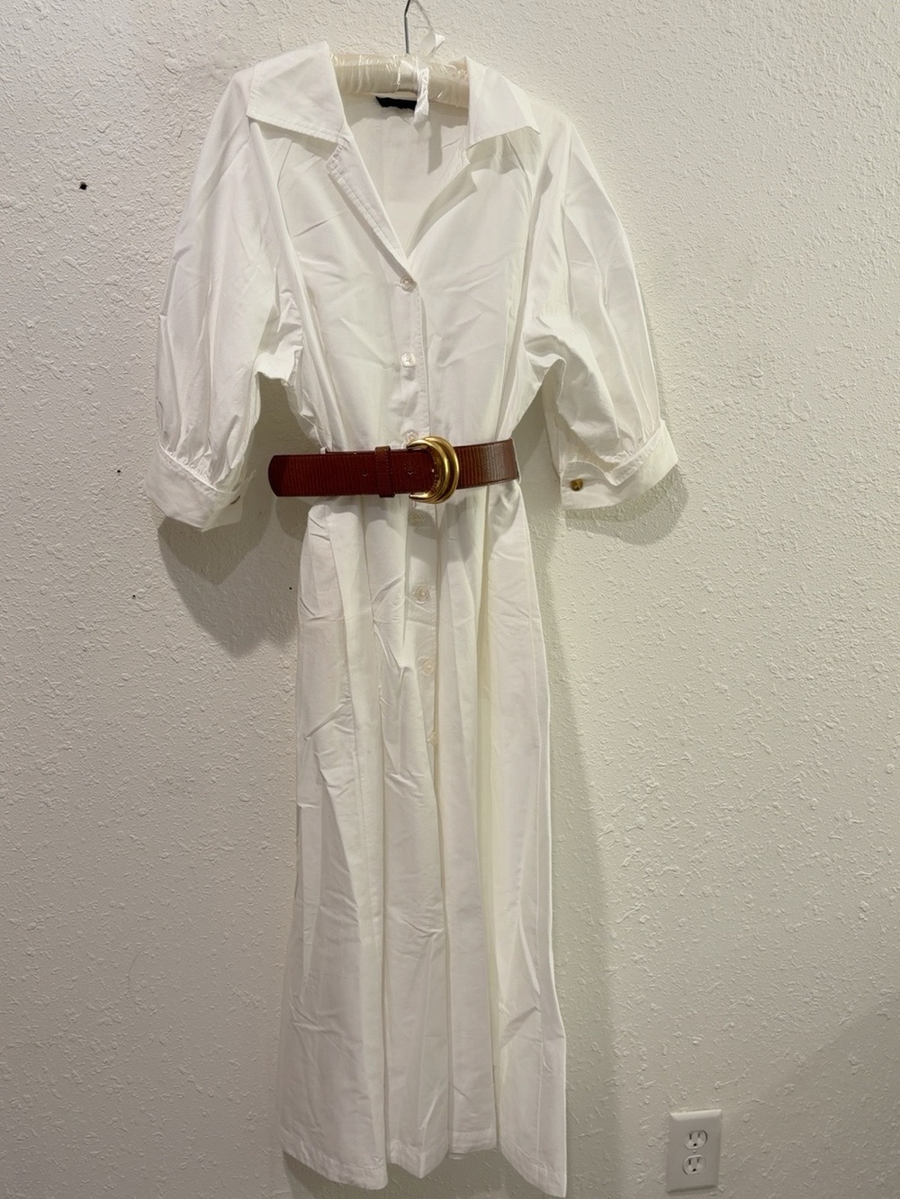 Donna Karan Cream Midi Shirt Dress with Brown Belt - Picture 3 of 6